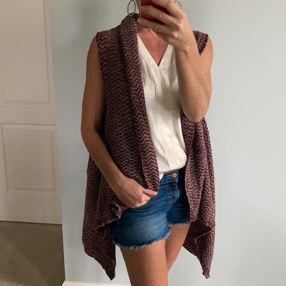 Wine & Ivory Color Open Cardigan - Picture 6 of 9